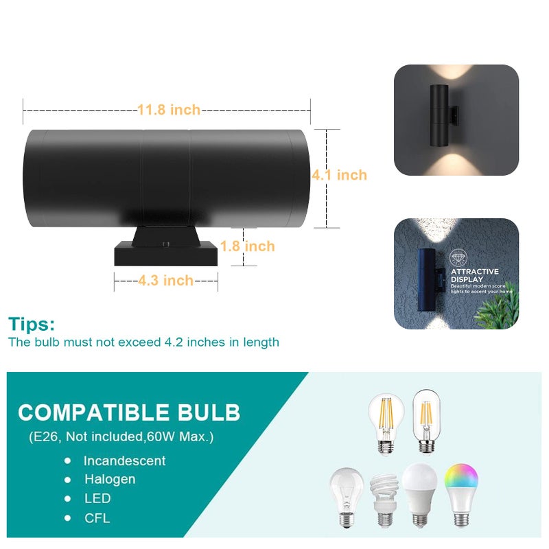 Tipace Black Modern Outdoor Porch Lights up Down Lights Exterior Cylinder Patio Light, Waterproof Exterior Wall Light Fixtures for Courtyard,entryway,Garage (Bulbs Not Included) - Image 2